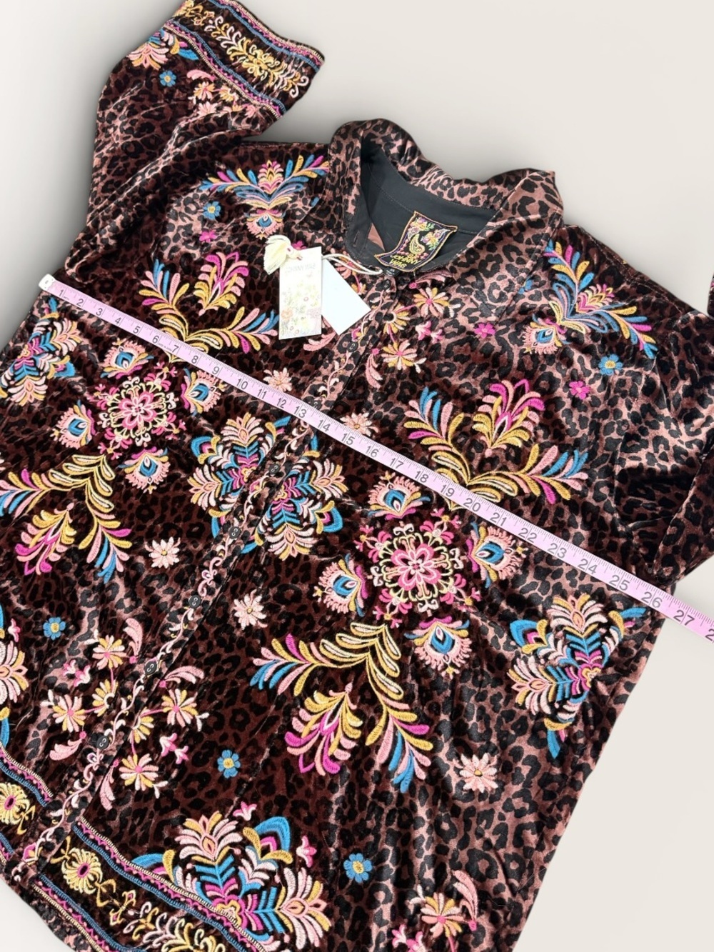 Johnny Was XXL Brandi Embroidered Kimono Sleeve Shirt Misty Leopard Velvet NWT - Picture 12 of 16